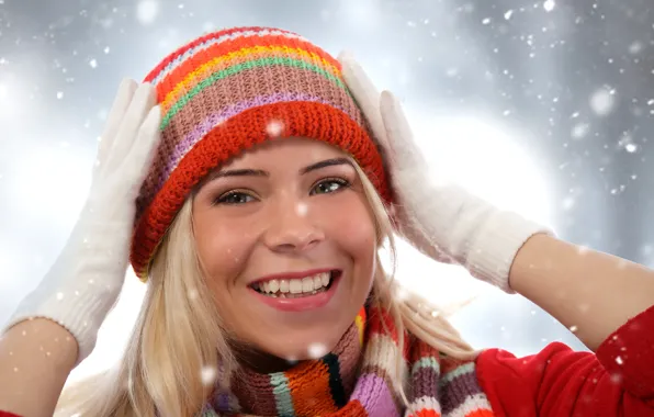 Picture winter, girl, snow, smile, hat, scarf, blonde, gloves