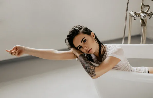 Look, girl, brunette, tattoo, bathroom