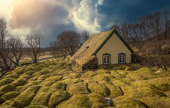 Field, clouds, clouds, house, house