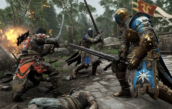 Armor, samurai, flags, battle, knight, the middle ages, Ubisoft, For Honor