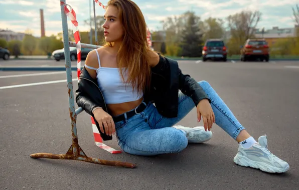 Girl, model, jeans, jacket, sneakers