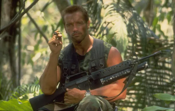 Picture watch, man, machine, cigar, Actor, Predator, Predator, Arnold Schwarzenegger