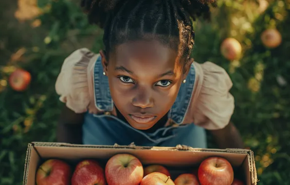 Box, apples, garden, girl, African, black, looking up, black woman
