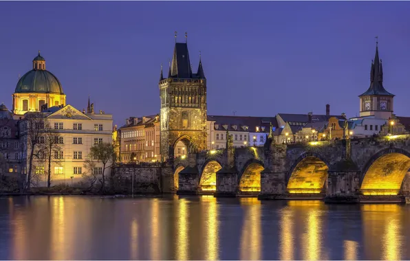 Picture night, lights, Prague, Czech Republic, Prague, Charles bridge, Charles Bridge, Nove Mesto