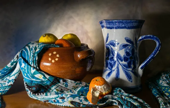 Table, towel, pot, pitcher, still life, lemons, peel, tangerines