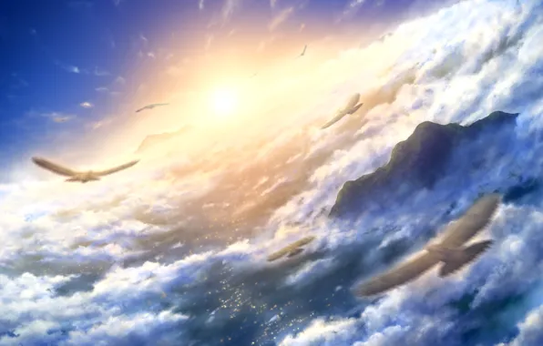 The sky, the sun, clouds, sunset, birds, city lights