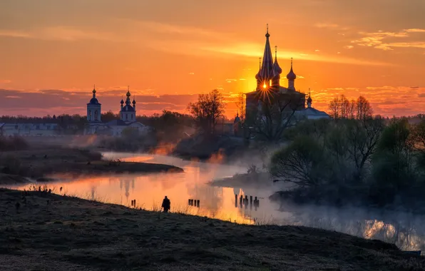 Fog, dawn, village, morning, temple, Russia, Dunilovo