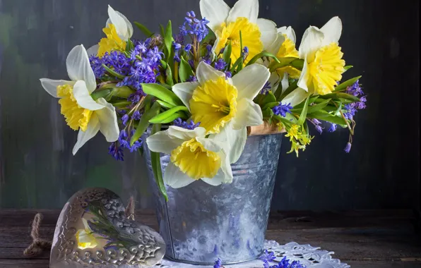 Picture flowers, yellow, table, heart, Board, bouquet, spring, contrast