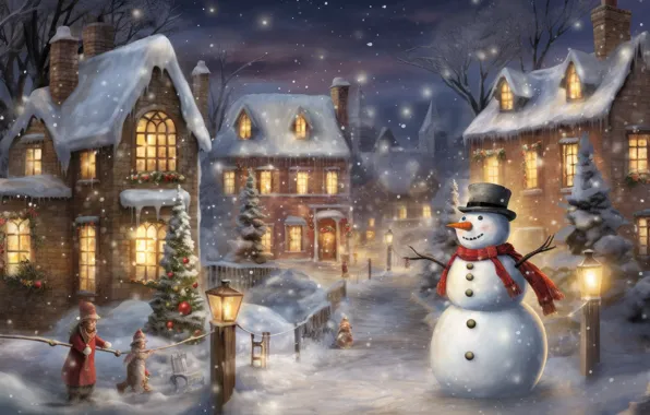 Winter, snow, the city, house, building, home, Christmas, New year