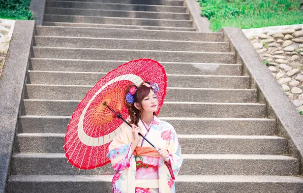 Asian, Dress, Umbrella, Hairstyle, Girl, Outfit