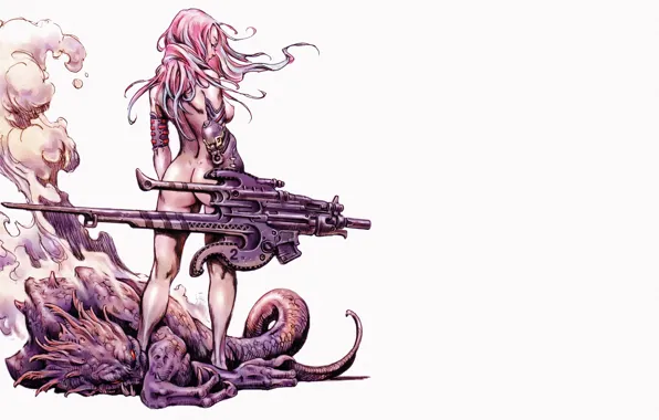 Picture girl, body, back, monster, tail, claws, white background, Comics
