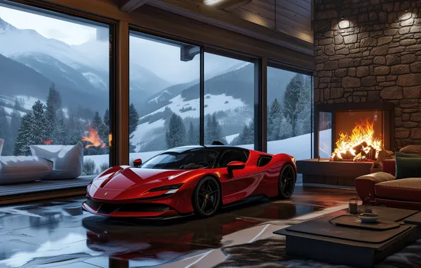 Ferrari, Cars, Winter, Fireplace, Cozy, Ferrari SF90, Ferrari SF90 Road, Aesthetic interior