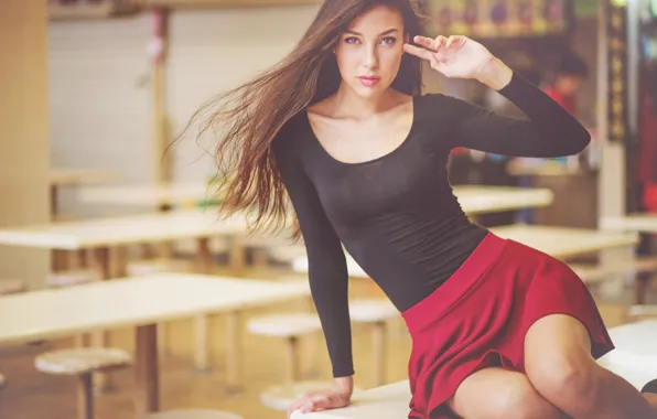 Girl, Red, Table, Model, Girl, Hair, Skirt, Model
