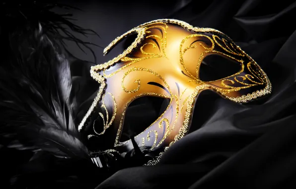 Black, feathers, silk, sequins, mask, gold