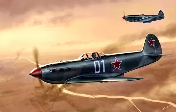 Picture River, fighter, pair, frontline, Soviet, easy, The Yak-3, during the Second world war