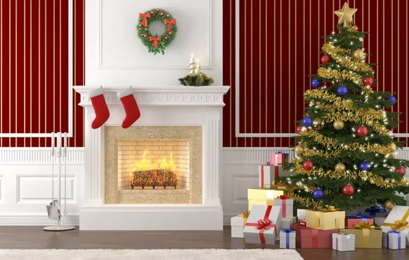 Picture interior, Christmas, gifts, tree, fireplace