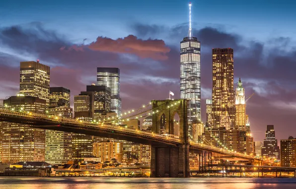 The city, lights, New York, USA, Brooklyn bridge, Manhattan