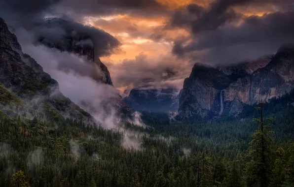 Picture forest, the sky, clouds, light, mountains, waterfall, CA, USA