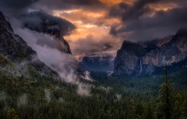 Forest, the sky, clouds, light, mountains, waterfall, CA, USA