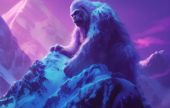 Picture Winter, Mountains, Being, Snow, Digital art, Bigfoot, Yeti, Bigfoot