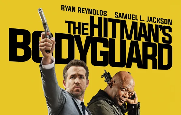 Picture weapons, male, yellow background, The Hitmans Bodyguard