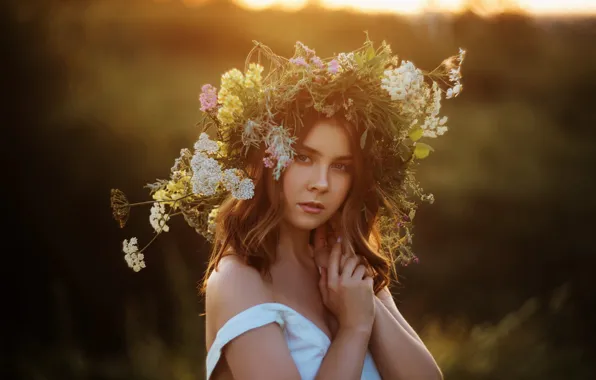Picture girl, flowers, wreath, Vladislav Opletaev