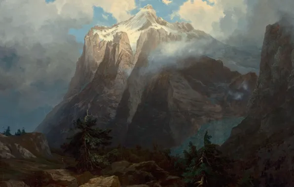 Landscape, mountains, Albert Bierstadt, Mount Brewer from King's River Canyon. California