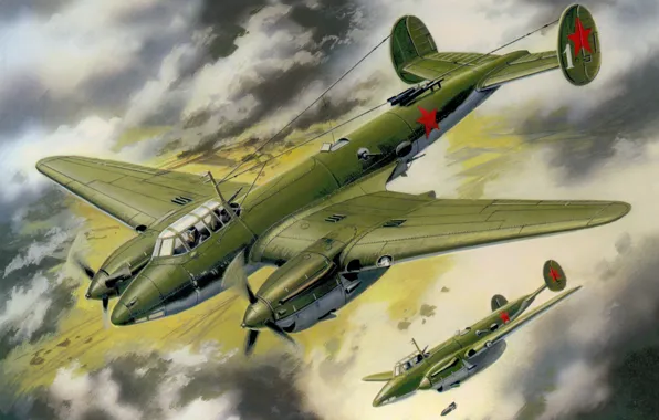 The sky, figure, art, bombers, PE-2, Soviet, dive, WWII