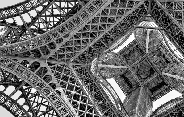 Design, construction, Eiffel tower, bottom view, b\W photo, iron beams