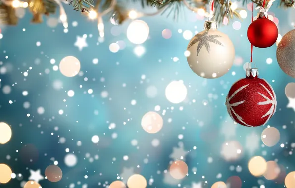 Balls, lights, Christmas, New year, needles, garland, blue background, bokeh