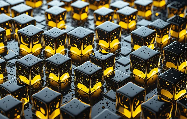 Water, drops, yellow, black, cubes, squares, water drops