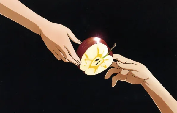 Picture apples, hands, black background, art, Mawaru Penguindrum, The rotating drum of the penguins, Lily Hoshino