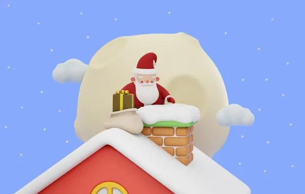 Winter, roof, snow, night, house, rendering, gift, the moon