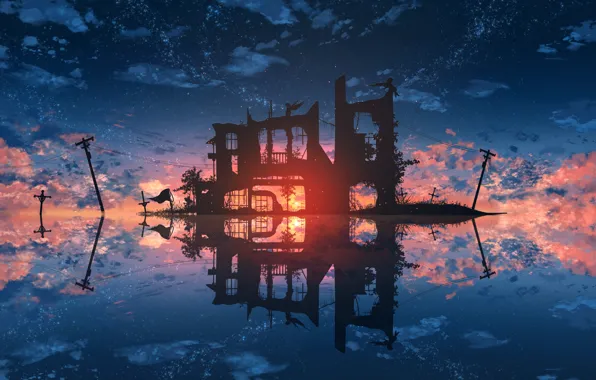 Picture water, sunset, ruins, power lines