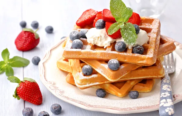 Strawberry, mint, waffles, blueberries