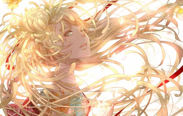 Girl, flowers, hair, anime, petals, art