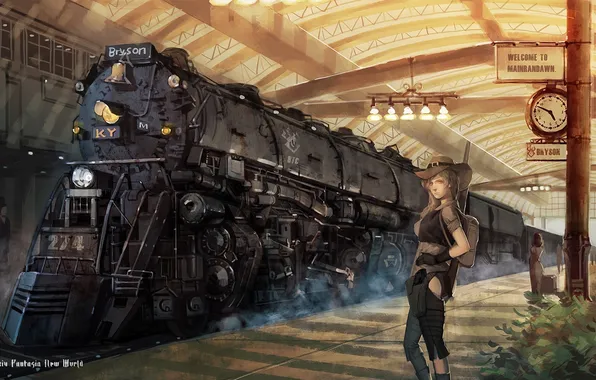 Picture girl, retro, train, the engine, hat, art, wild West, pixiv fantasia