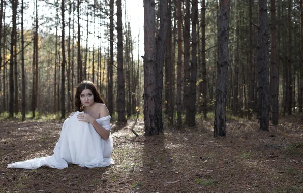 Forest, look, girl, trees, dress, ring, brown hair