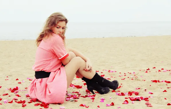 Beach, dress, pink, belt, boots, rose petals, feeling, shyness