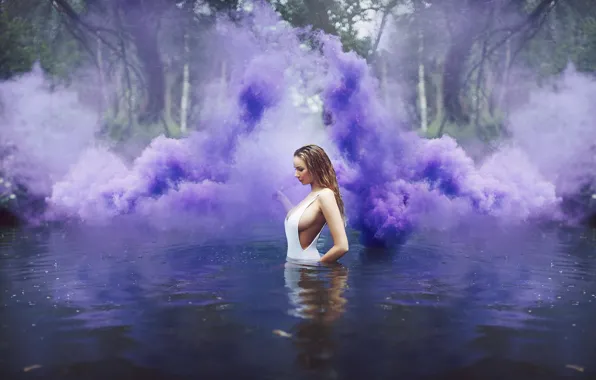 Picture girl, rain, smoke, purple, pond