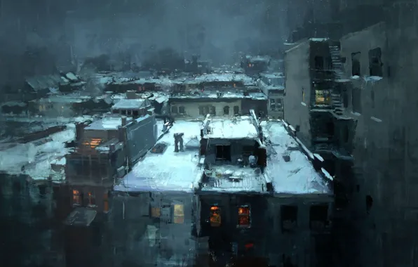 Snow, roof, black, jeremy mann, rooftops in the snow, Noir city