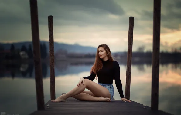 Picture look, girl, pose, lake, the evening, brown hair, legs, beauty