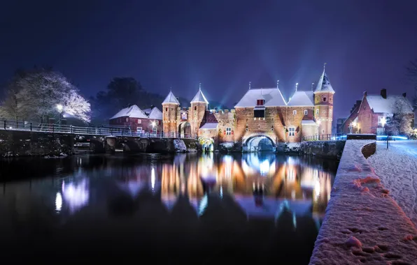 Winter, bridge, reflection, river, castle, gate, Netherlands, night city