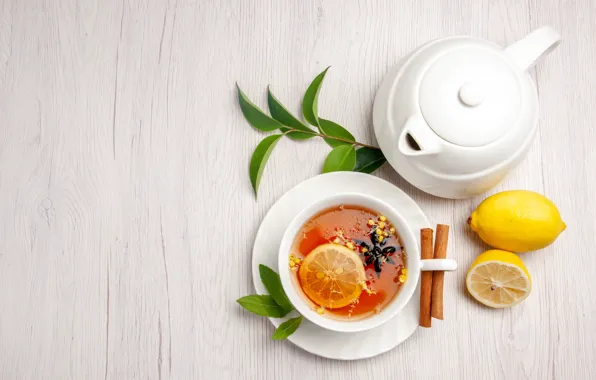 Leaves, branches, lemon, tea, Board, kettle, the tea party, Cup