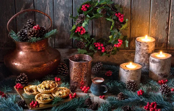 Picture style, berries, candles, New Year, Christmas, still life, bumps, cake