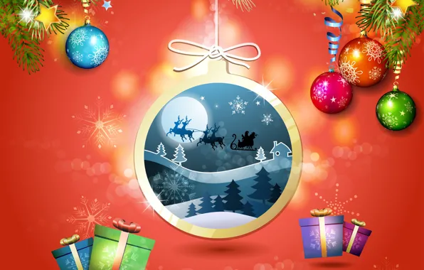 Picture forest, snowflakes, gifts, Santa Claus, deer, tree, Christmas decorations, new year's eve