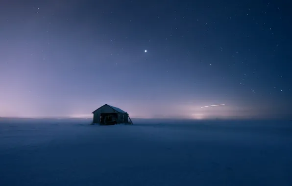 Picture field, snow, night, house
