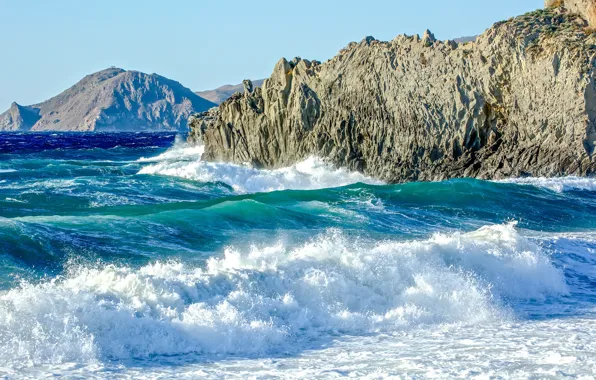 Waves, summer, sea, ocean, hill, sunny, cliffs, troubled sea