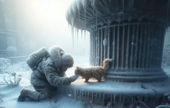 Winter, frost, cat, cat, snow, kindness, icicles, frost