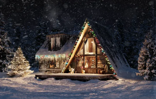 Light, snow, lights, house, ate